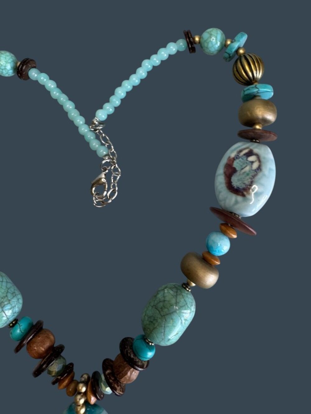 Boho Turquoise Chunky Necklace Stone Pendant Ceramic Bead Adjustable 26in - Picture 9 of 10